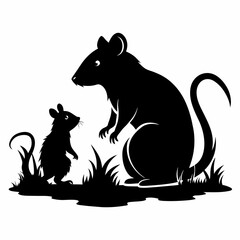rat mouse on the grass black silhouette isolated on white background
