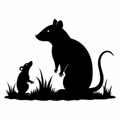 rat mouse on the grass black silhouette isolated on white background