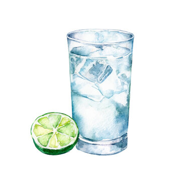 Glass of water with lime, watercolor illustration, transparent background
