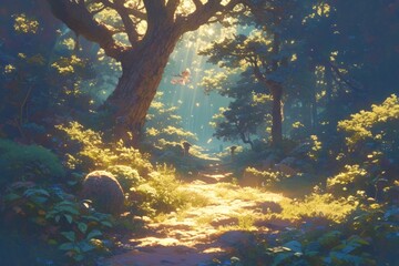 A forest path leading towards the light, surrounded by tall trees with sunlight filtering through and creating an enchanting atmosphere with rays of golden sunbeams.