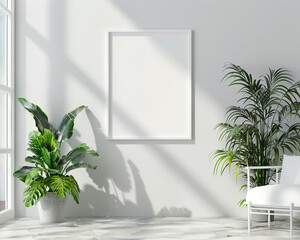 Square frame mockup, sleek living room, green plants, crisp product shot , no grunge, splash, dust
