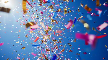Vibrant celebration: colorful confetti cascading onto a festive scene against a blue backdrop