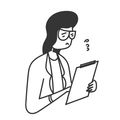 hand drawn doodle woman in thick glasses carrying a clipboard
