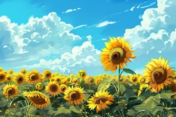 Vector Sunflowers Meadow in Oil Painting  Flowers Banner with Blue Sky and Clouds