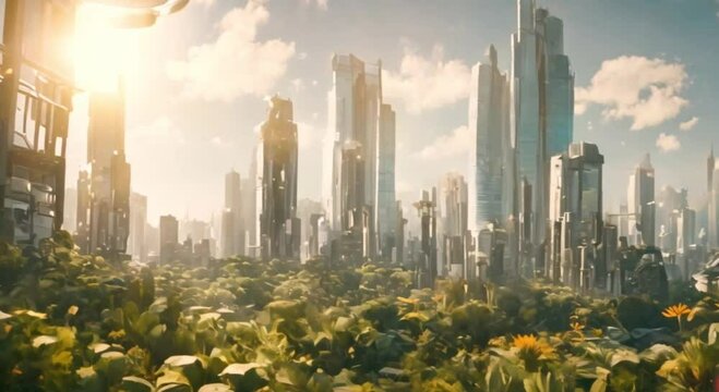 3d view of futuristic buildings, solarpunk city, bright sun