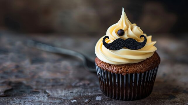 Cute cupcake with mustache celebrating father's day - festive dessert concept