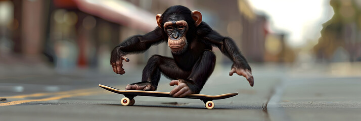 Monkey rides a skateboard,A monkey skateboarding down the street on a black skateboard in the style of life in new york city

 - obrazy, fototapety, plakaty