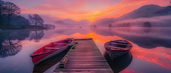 A beautiful sunset over a lake with two boats docked at a pier. The sky is filled with clouds and...
