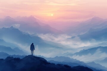 A person is standing on a mountain top, looking out at the beautiful sunset - Powered by Adobe