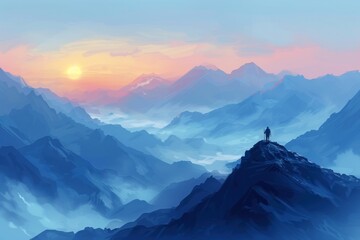 A person stands on a mountain peak, looking out over a vast, blue landscape