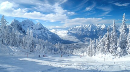 The mountains are covered in snow and the sky is a beautiful mix of pink and blue. The scene is serene and peaceful, with the mountains towering over the landscape