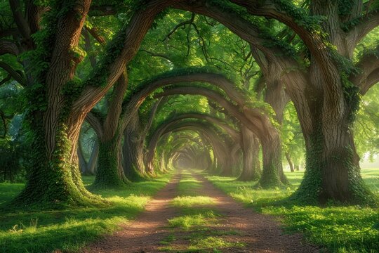 A path through a forest of trees with a lot of sunlight. The trees are tall and leafy, and the path is surrounded by grass. Scene is peaceful and serene, as the viewer is surrounded by nature