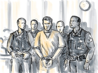 Pastel pencil pen and ink sketch illustration of an convicted defendant convict accompanied buy bailiff police officer for sentencing in courtroom or court of law drawing. © Redwater Vectors