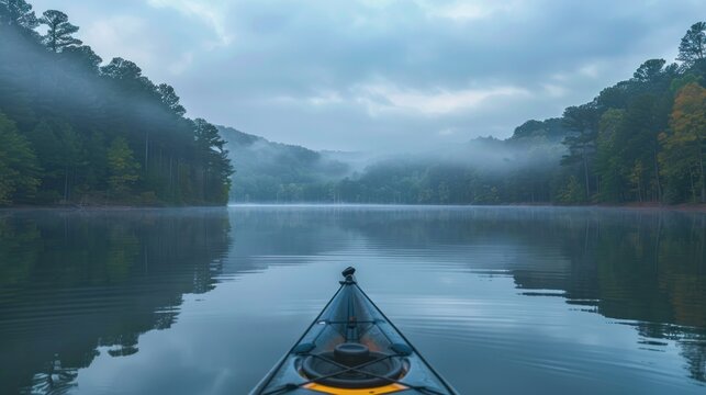A kayak is on a lake with a foggy sky in the background