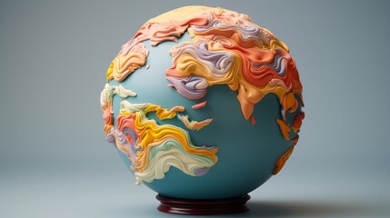 Stylized painted globe with swirling colorful textures on a stand
