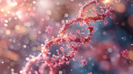 Shimmering DNA double helix in vivid pink and blue hues with floating particles
