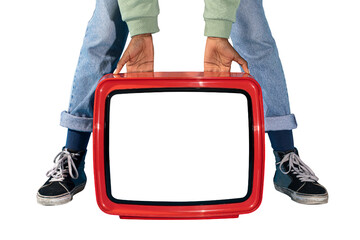 Woman holding a red retro television transparent png