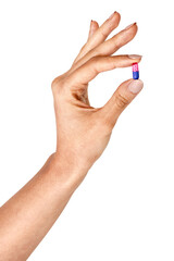 Hand holding a pink and blue pill transparent png