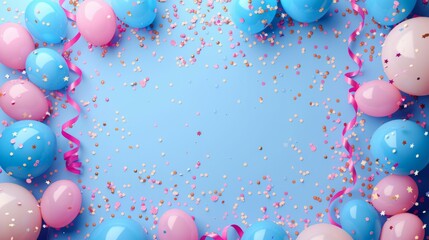 Colorful festival celebration frame: vibrant balloons, streamers, and confetti for birthday parties and carnivals