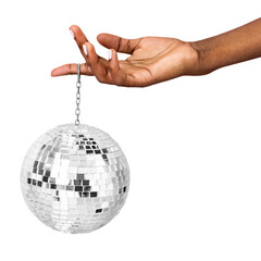 Woman holding a shiny silver disco ball transparent png