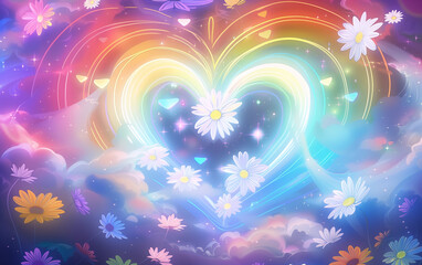 Fototapeta na wymiar Colorful rainbow heart with white daisy flower and colorful glowing flowers flying in the sky