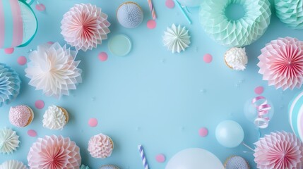 Fototapeta premium Pastel blue party decor flat lay: elegant border arrangement, top view concept for celebrations and events