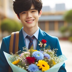 a boy with a bouquet of flowers and a smile on his face