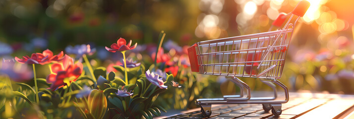  Shopping cart with many packages on a laptop desktop and blurred blooming flowers garden defocused bokeh effect with sun light in the background for online shopping concept. 
  - obrazy, fototapety, plakaty