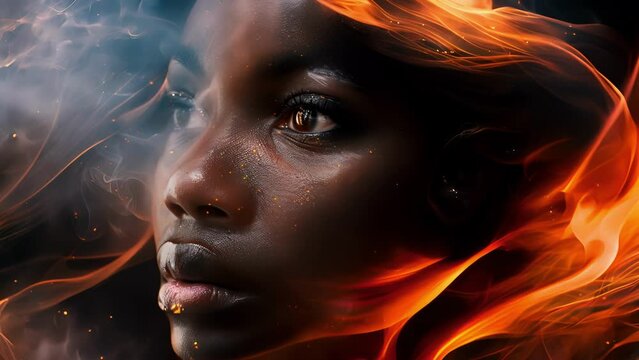 A striking black woman gazes into the distance her dark eyes reflecting the depth of the unknown dd in billowing fabrics that mimic the swirling void of dark matter a symbol of the .