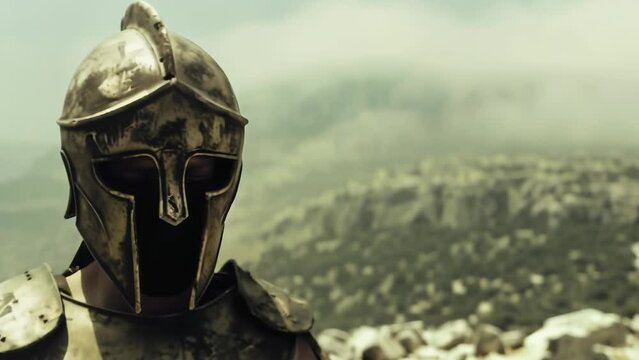 An ancient warrior's armored helmet rests against a mountainous backdrop. The metal helmet features eye openings in the face-covering portion and is engraved with decorative patterns. 