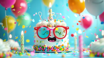 Celebratory 3d birthday cake with whimsical characters and glasses, vibrant and cheerful celebration scene