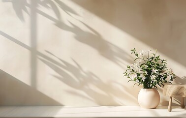 The beige wall with beautiful sunlight and shadow, a table on the right side of the picture with a flower pot, a minimalistic interior design concept