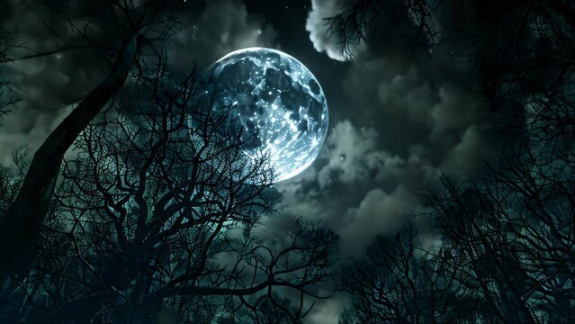Sky night and trees with moon over forest. 4k video animation