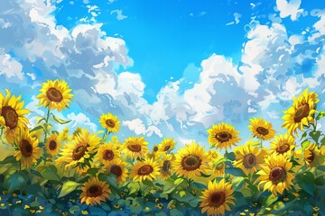 Vector Sunflowers Meadow in Oil Painting  Flowers Banner with Blue Sky and Clouds