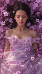 Fototapeta premium Beautiful Woman in Pink Dress Laying Amongst a Sea of Pink Flowers and Petals in a Tranquil Garden Setting