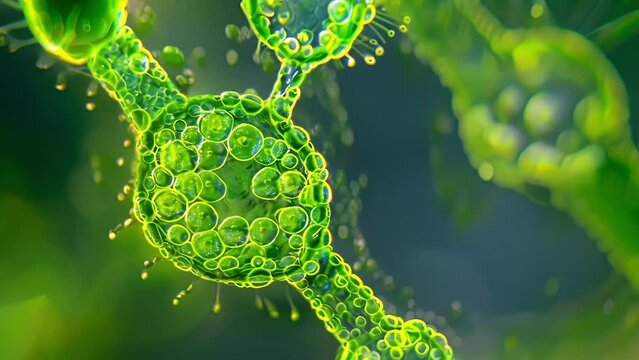A microscope image of a single microalgae cell its intricate structure and vibrant green color reflecting the immense power it holds. Each tiny cell holds the potential to produce .