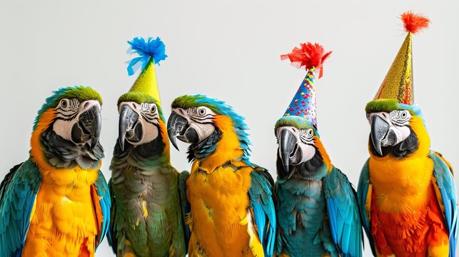 Colorful parrots celebrating with party hats, perfect for birthday celebrations and festive occasions


