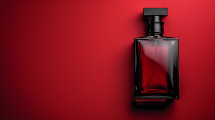 A minimalist black and white photograph of an elegant rectangular glass perfume bottle , the design is set against a striking red background, creating a dramatic contrast that emphasizes its sleek sil