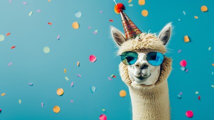 Cheerful alpaca celebrating festive occasions: birthday, carnival, new year's eve, sylvester, or other celebrations - cute alpaca wearing party hat and sunglasses on vibrant blue background