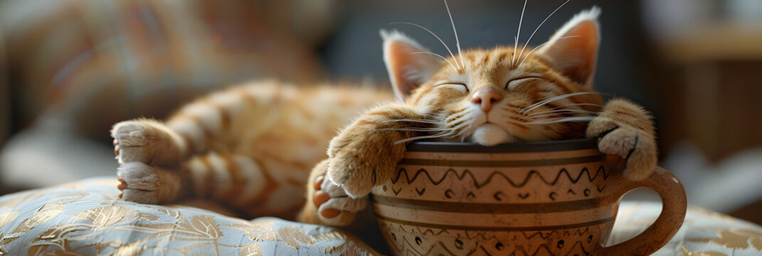 There is a small kitten sleeping in a pot with a flower generative ai,Cute little ginger kitten sleeping in a cup on the table

