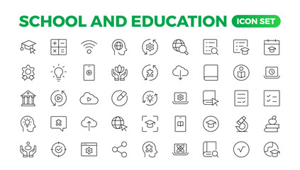Back to school icon set with different vector icons related to education, success, academic subjects, and more. Education Learning thin line set. Education, School, editable stroke icons.