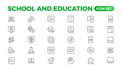 Back to school icon set with different vector icons related to education, success, academic subjects, and more. Education Learning thin line set. Education, School, editable stroke icons.