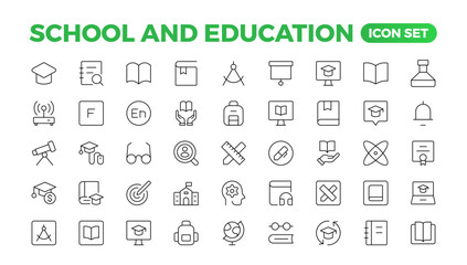 Back to school icon set with different vector icons related to education, success, academic subjects, and more. Education Learning thin line set. Education, School, editable stroke icons.