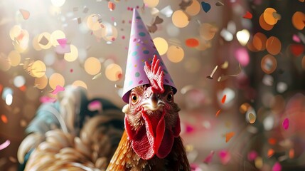 Festive chicken in party hat celebrating new year or birthday with bokeh lights and confetti, joyful animal party scene for greeting cards and celebratory designs