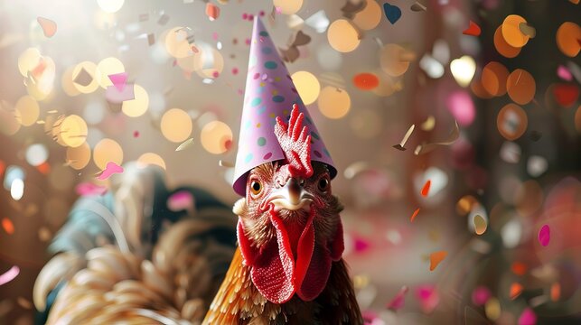 Festive chicken in party hat celebrating new year or birthday with bokeh lights and confetti, joyful animal party scene for greeting cards and celebratory designs - Powered by Adobe