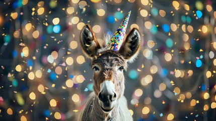 Joyful donkey wearing party hat celebrating festive occasion with confetti and bokeh lights