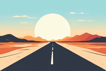 Fototapeta na wymiar Scene with long road through desert illustration. Road through hot Desert. Vector Illustration. Desert landscape illustration with beautiful sunset view.