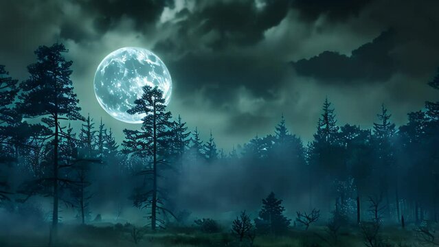 Sky night and trees with moon over forest. 4k video animation