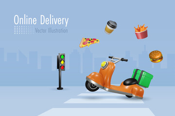 Online shopping and delivery service. Scooter with delivery food box riding on street. 3D cartoon character. Vector.