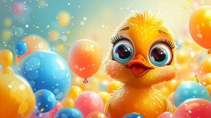 Playful and bright cartoon illustration featuring a cute duck with large eyes, surrounded by a rainbow of balloons